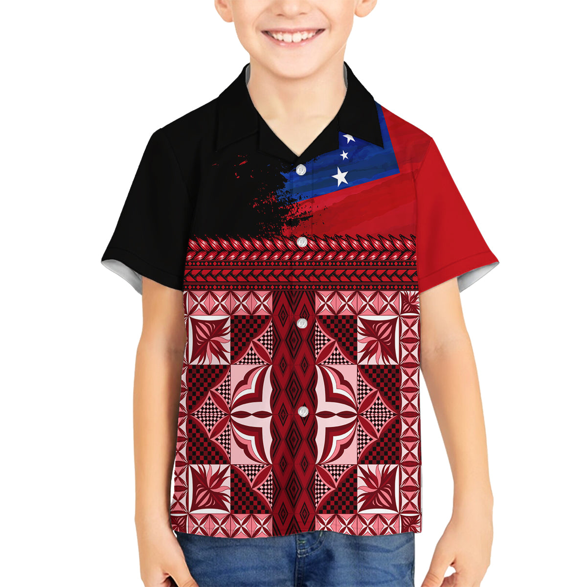 Samoa Flag Day Family Matching Summer Maxi Dress and Hawaiian Shirt Siapo Pattern and Ula Fala LT03 Son's Shirt Red - Polynesian Pride