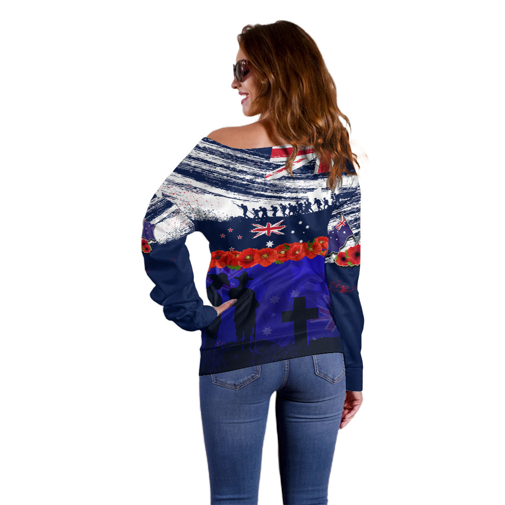 New Zealand and Australia ANZAC Day Off Shoulder Sweater Lest We Forget Red Poppy Flowers and Soldier LT03 - Polynesian Pride