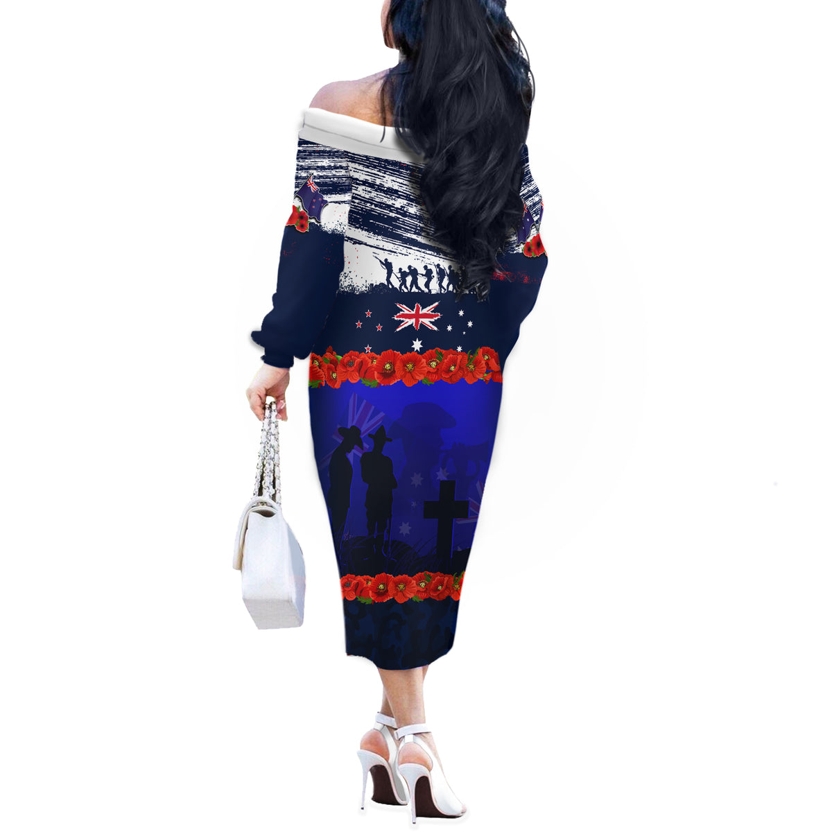 New Zealand and Australia ANZAC Day Off The Shoulder Long Sleeve Dress Lest We Forget Red Poppy Flowers and Soldier LT03 - Polynesian Pride