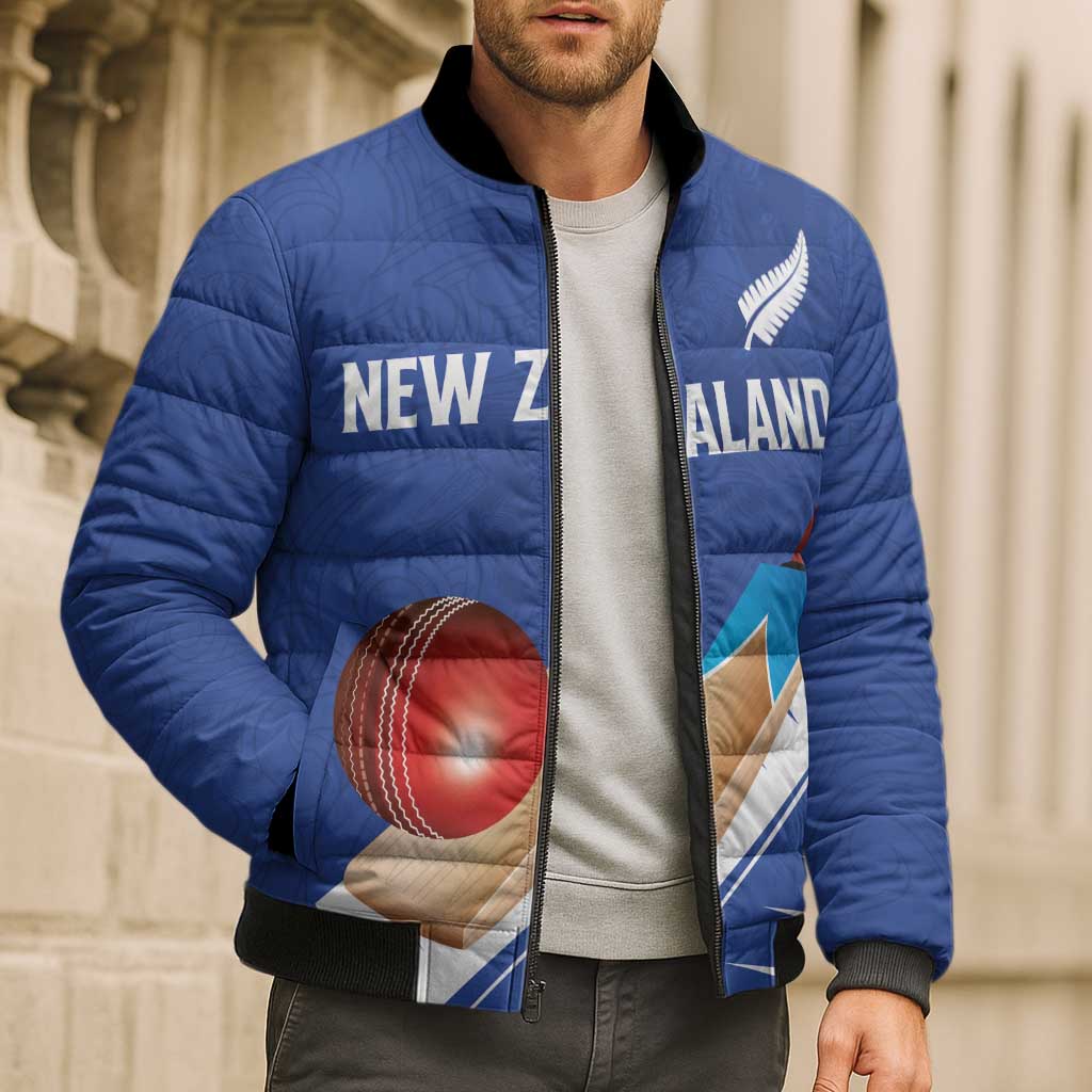 Custom New Zealand Cricket Bomber Puffer Jacket Kiwi Birds Haka Dance Blue Fern Sporty Style LT03 - Polynesian Pride
