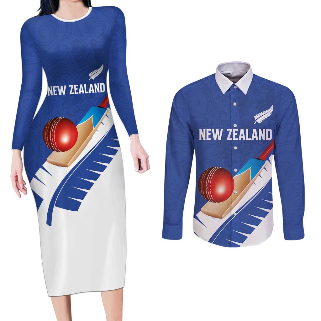 Custom New Zealand Cricket Couples Matching Long Sleeve Bodycon Dress and Long Sleeve Button Shirt Kiwi Birds Haka Dance Blue Fern Sporty Style LT03 Blue - Polynesian Pride