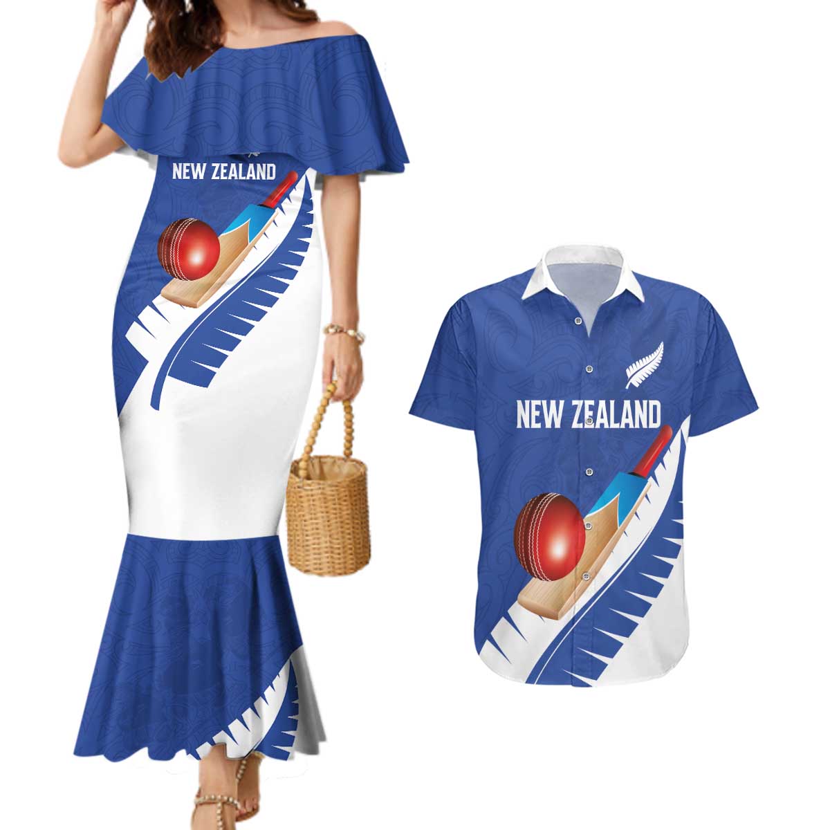Custom New Zealand Cricket Couples Matching Mermaid Dress and Hawaiian Shirt Kiwi Birds Haka Dance Blue Fern Sporty Style LT03 Blue - Polynesian Pride