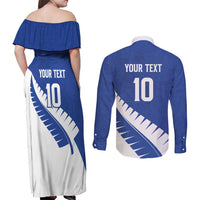 Custom New Zealand Cricket Couples Matching Off Shoulder Maxi Dress and Long Sleeve Button Shirt Kiwi Birds Haka Dance Blue Fern Sporty Style LT03 - Polynesian Pride