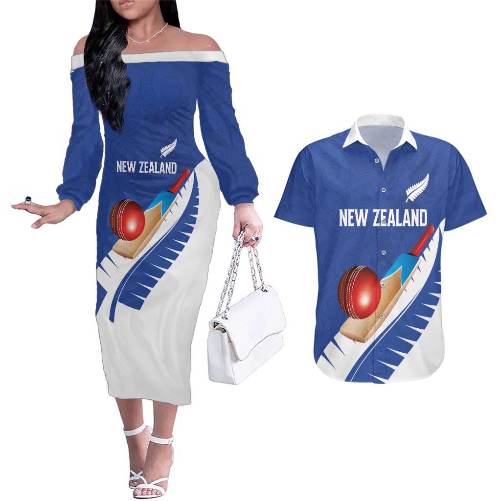Custom New Zealand Cricket Couples Matching Off The Shoulder Long Sleeve Dress and Hawaiian Shirt Kiwi Birds Haka Dance Blue Fern Sporty Style LT03 Blue - Polynesian Pride