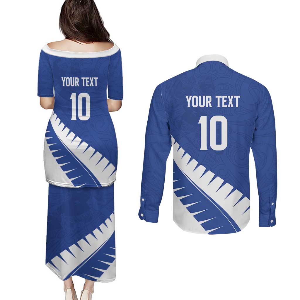 Custom New Zealand Cricket Couples Matching Puletasi and Long Sleeve Button Shirt Kiwi Birds Haka Dance Blue Fern Sporty Style LT03 - Polynesian Pride