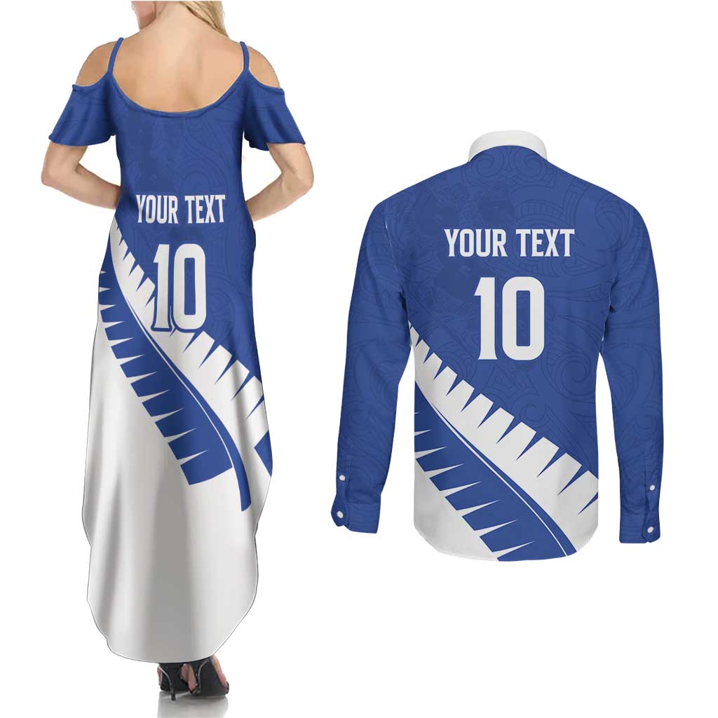Custom New Zealand Cricket Couples Matching Summer Maxi Dress and Long Sleeve Button Shirt Kiwi Birds Haka Dance Blue Fern Sporty Style LT03 - Polynesian Pride