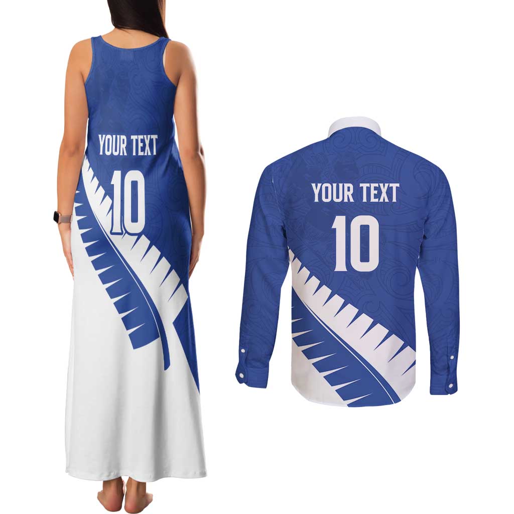 Custom New Zealand Cricket Couples Matching Tank Maxi Dress and Long Sleeve Button Shirt Kiwi Birds Haka Dance Blue Fern Sporty Style LT03 - Polynesian Pride