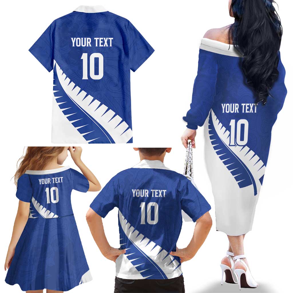 Custom New Zealand Cricket Family Matching Off The Shoulder Long Sleeve Dress and Hawaiian Shirt Kiwi Birds Haka Dance Blue Fern Sporty Style LT03 - Polynesian Pride