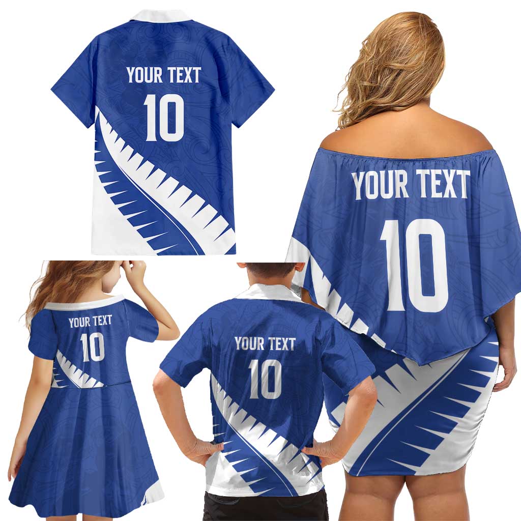 Custom New Zealand Cricket Family Matching Off Shoulder Short Dress and Hawaiian Shirt Kiwi Birds Haka Dance Blue Fern Sporty Style LT03 - Polynesian Pride