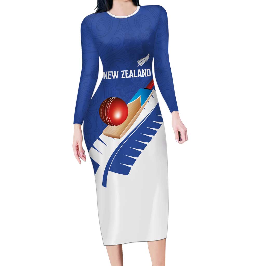 Custom New Zealand Cricket Long Sleeve Bodycon Dress Kiwi Birds Haka Dance Blue Fern Sporty Style LT03 Long Dress Blue - Polynesian Pride