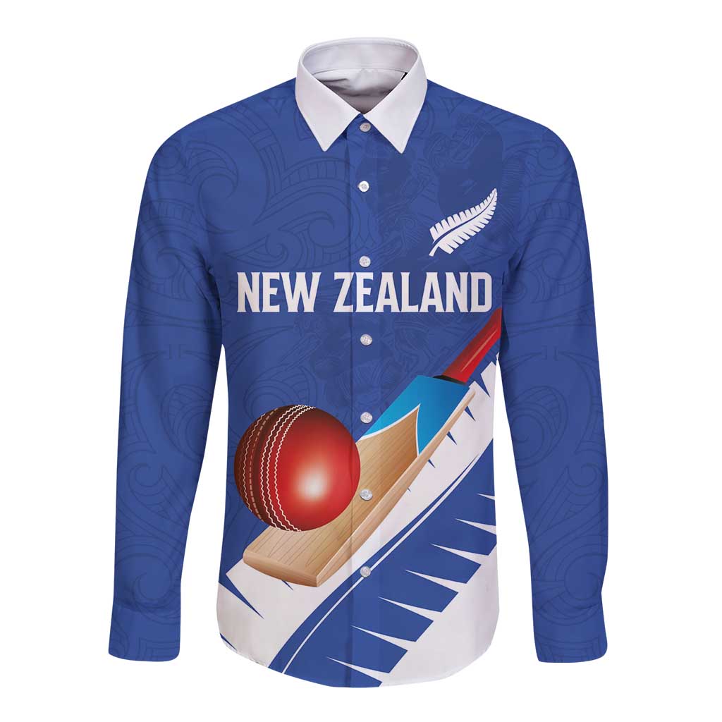Custom New Zealand Cricket Long Sleeve Button Shirt Kiwi Birds Haka Dance Blue Fern Sporty Style