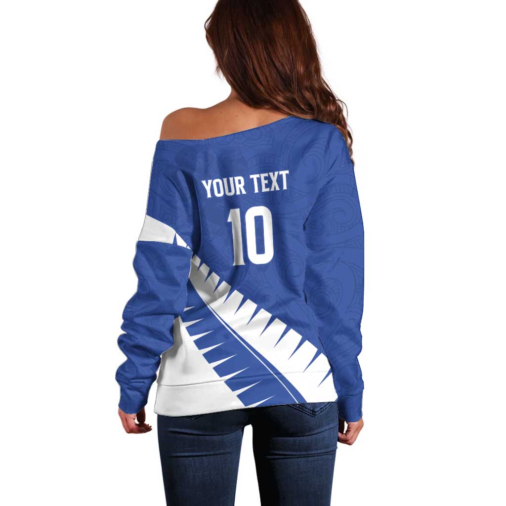 Custom New Zealand Cricket Off Shoulder Sweater Kiwi Birds Haka Dance Blue Fern Sporty Style LT03 - Polynesian Pride