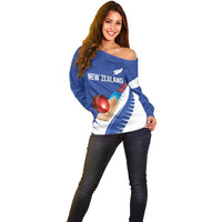 Custom New Zealand Cricket Off Shoulder Sweater Kiwi Birds Haka Dance Blue Fern Sporty Style LT03 - Polynesian Pride