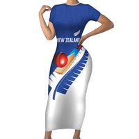 Custom New Zealand Cricket Short Sleeve Bodycon Dress Kiwi Birds Haka Dance Blue Fern Sporty Style LT03 Long Dress Blue - Polynesian Pride