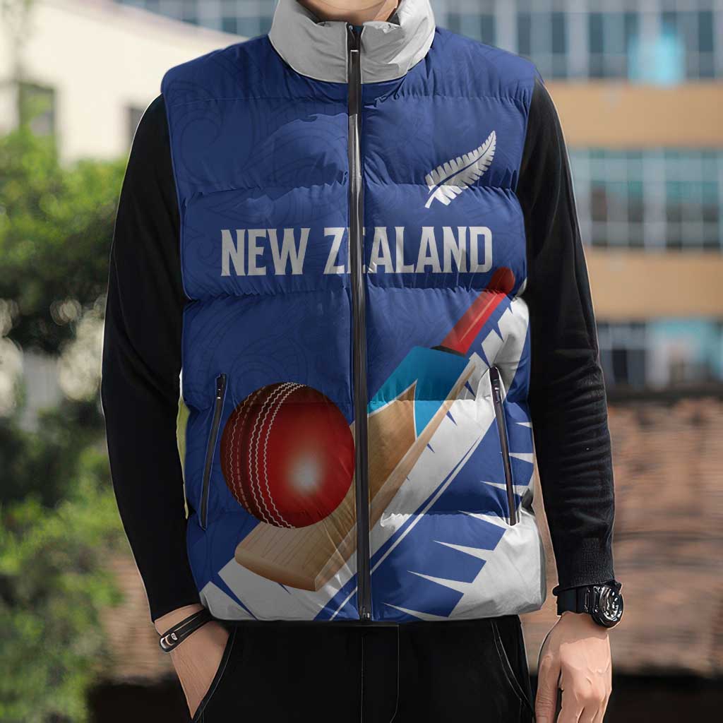Custom New Zealand Cricket Sleeveless Puffer Jacket Kiwi Birds Haka Dance Blue Fern Sporty Style LT03 - Polynesian Pride