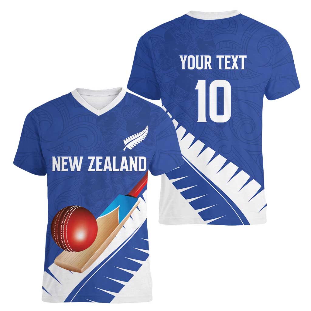 Custom New Zealand Cricket Women V-Neck T-Shirt Kiwi Birds Haka Dance Blue Fern Sporty Style LT03 - Polynesian Pride