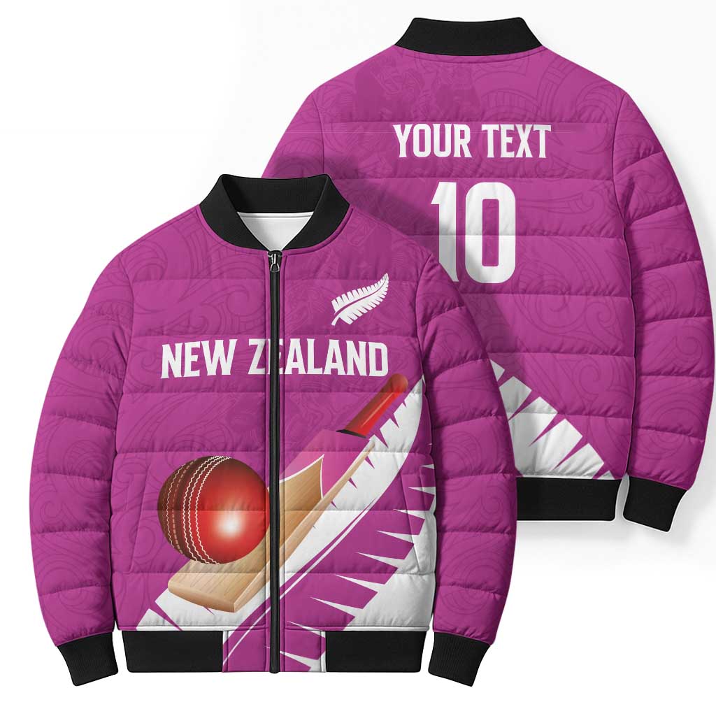 Custom New Zealand Cricket Bomber Puffer Jacket Kiwi Birds Haka Dance Pink Fern Sporty Style LT03 - Polynesian Pride