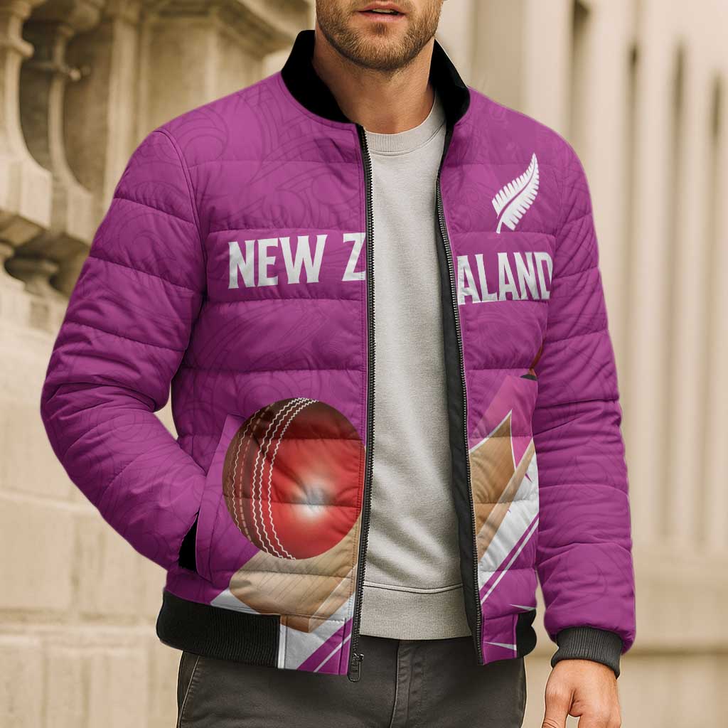 Custom New Zealand Cricket Bomber Puffer Jacket Kiwi Birds Haka Dance Pink Fern Sporty Style LT03 - Polynesian Pride