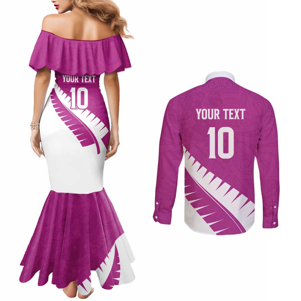 Custom New Zealand Cricket Couples Matching Mermaid Dress and Long Sleeve Button Shirt Kiwi Birds Haka Dance Pink Fern Sporty Style LT03 - Polynesian Pride