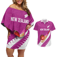 Custom New Zealand Cricket Couples Matching Off Shoulder Short Dress and Hawaiian Shirt Kiwi Birds Haka Dance Pink Fern Sporty Style LT03 Pink - Polynesian Pride