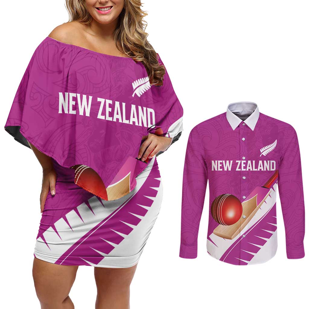 Custom New Zealand Cricket Couples Matching Off Shoulder Short Dress and Long Sleeve Button Shirt Kiwi Birds Haka Dance Pink Fern Sporty Style LT03 Pink - Polynesian Pride