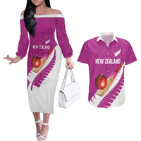 Custom New Zealand Cricket Couples Matching Off The Shoulder Long Sleeve Dress and Hawaiian Shirt Kiwi Birds Haka Dance Pink Fern Sporty Style LT03 Pink - Polynesian Pride