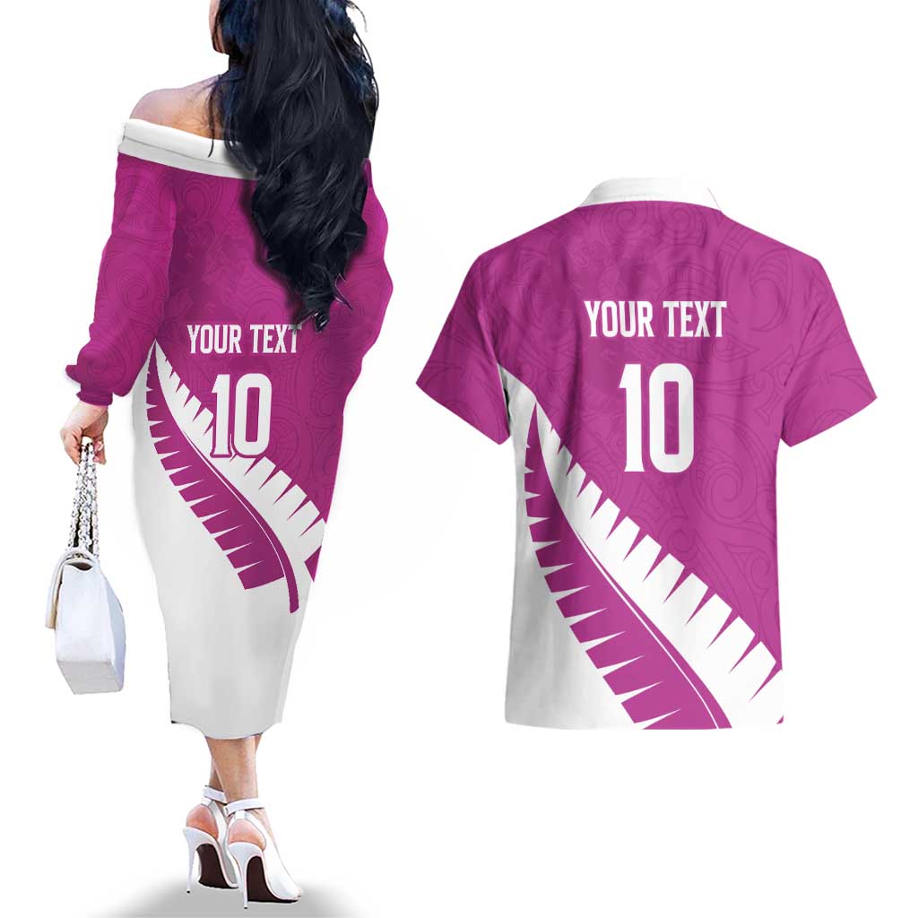 Custom New Zealand Cricket Couples Matching Off The Shoulder Long Sleeve Dress and Hawaiian Shirt Kiwi Birds Haka Dance Pink Fern Sporty Style LT03 - Polynesian Pride