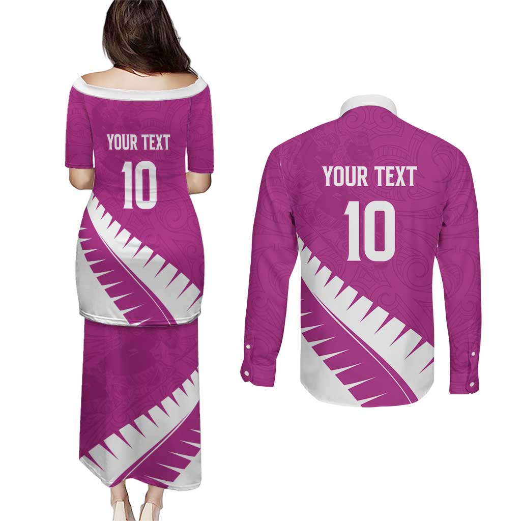 Custom New Zealand Cricket Couples Matching Puletasi and Long Sleeve Button Shirt Kiwi Birds Haka Dance Pink Fern Sporty Style LT03 - Polynesian Pride