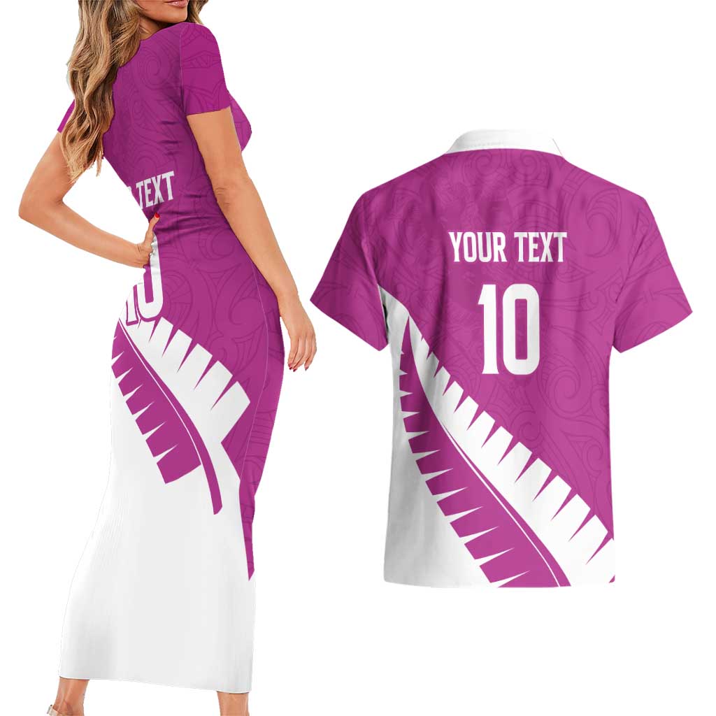 Custom New Zealand Cricket Couples Matching Short Sleeve Bodycon Dress and Hawaiian Shirt Kiwi Birds Haka Dance Pink Fern Sporty Style LT03 - Polynesian Pride