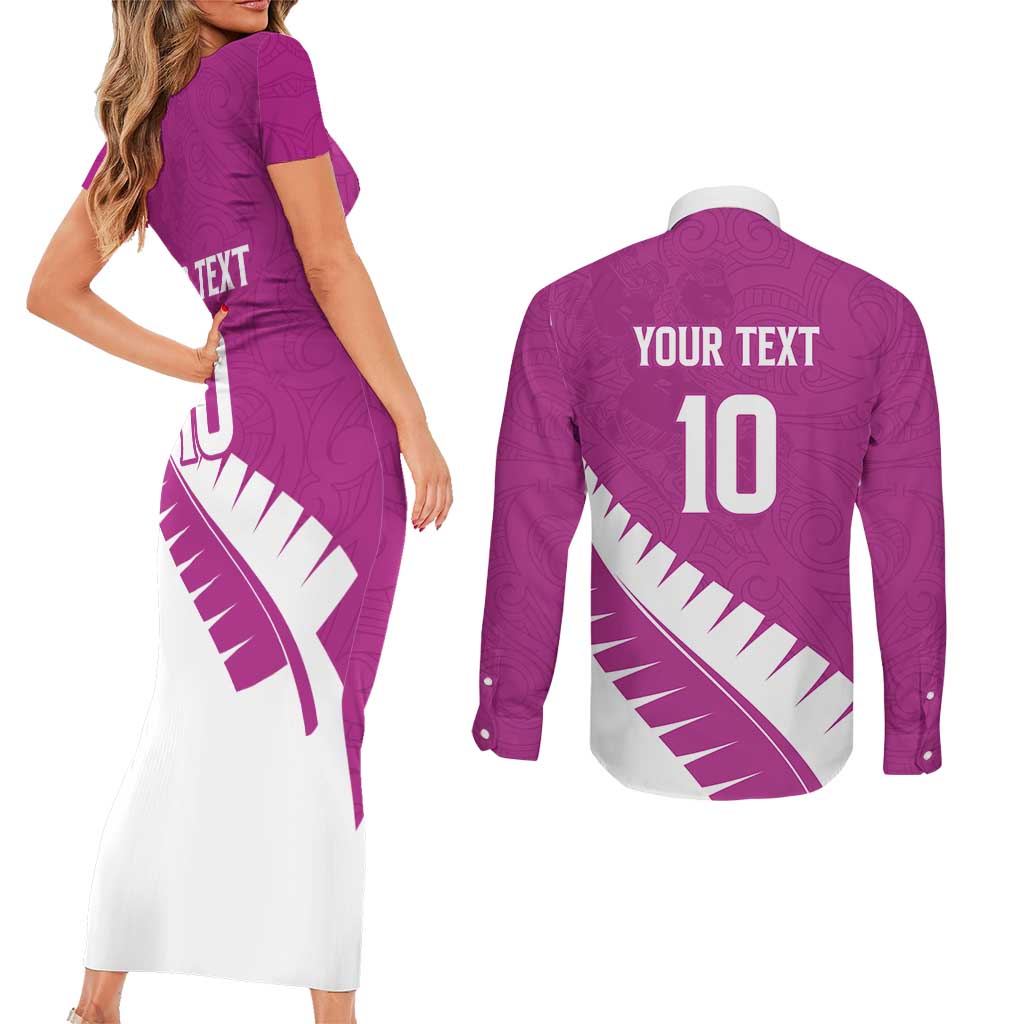 Custom New Zealand Cricket Couples Matching Short Sleeve Bodycon Dress and Long Sleeve Button Shirt Kiwi Birds Haka Dance Pink Fern Sporty Style LT03 - Polynesian Pride
