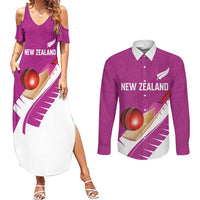 Custom New Zealand Cricket Couples Matching Summer Maxi Dress and Long Sleeve Button Shirt Kiwi Birds Haka Dance Pink Fern Sporty Style LT03 Pink - Polynesian Pride