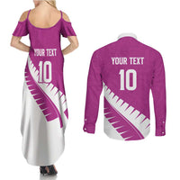 Custom New Zealand Cricket Couples Matching Summer Maxi Dress and Long Sleeve Button Shirt Kiwi Birds Haka Dance Pink Fern Sporty Style LT03 - Polynesian Pride