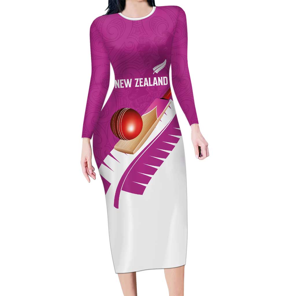 Custom New Zealand Cricket Family Matching Long Sleeve Bodycon Dress and Hawaiian Shirt Kiwi Birds Haka Dance Pink Fern Sporty Style LT03 Mom's Dress Pink - Polynesian Pride