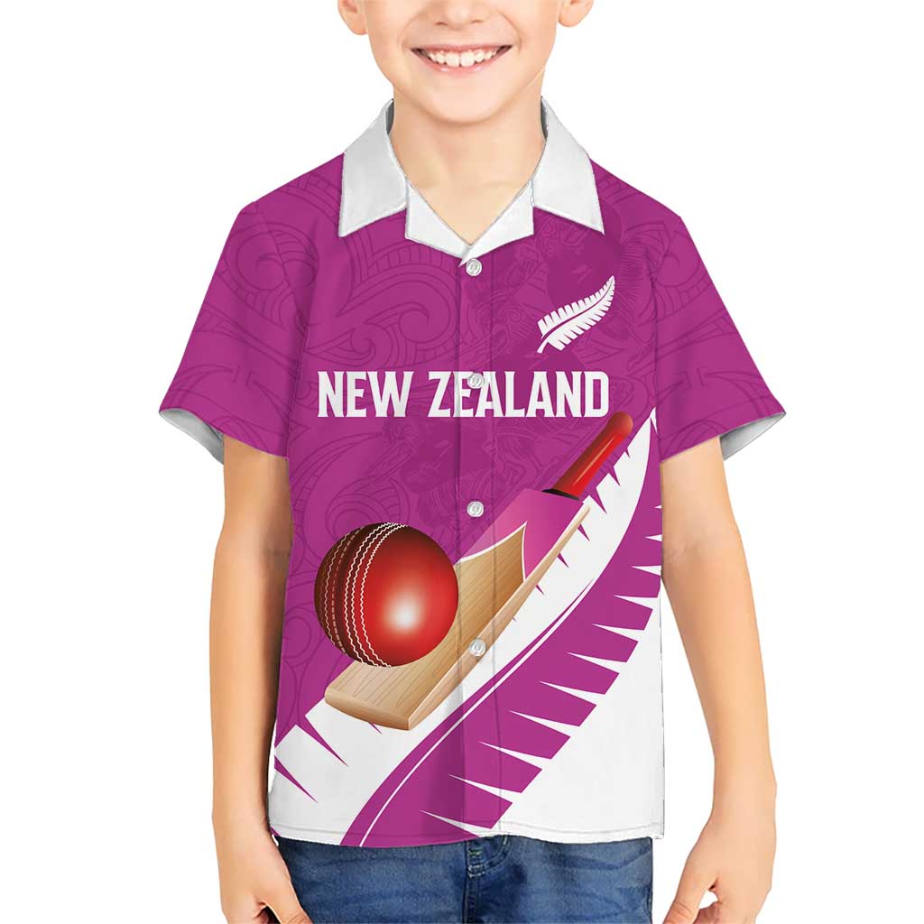 Custom New Zealand Cricket Family Matching Long Sleeve Bodycon Dress and Hawaiian Shirt Kiwi Birds Haka Dance Pink Fern Sporty Style LT03 Son's Shirt Pink - Polynesian Pride