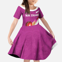 Custom New Zealand Cricket Family Matching Off The Shoulder Long Sleeve Dress and Hawaiian Shirt Kiwi Birds Haka Dance Pink Fern Sporty Style LT03 Daughter's Dress Pink - Polynesian Pride