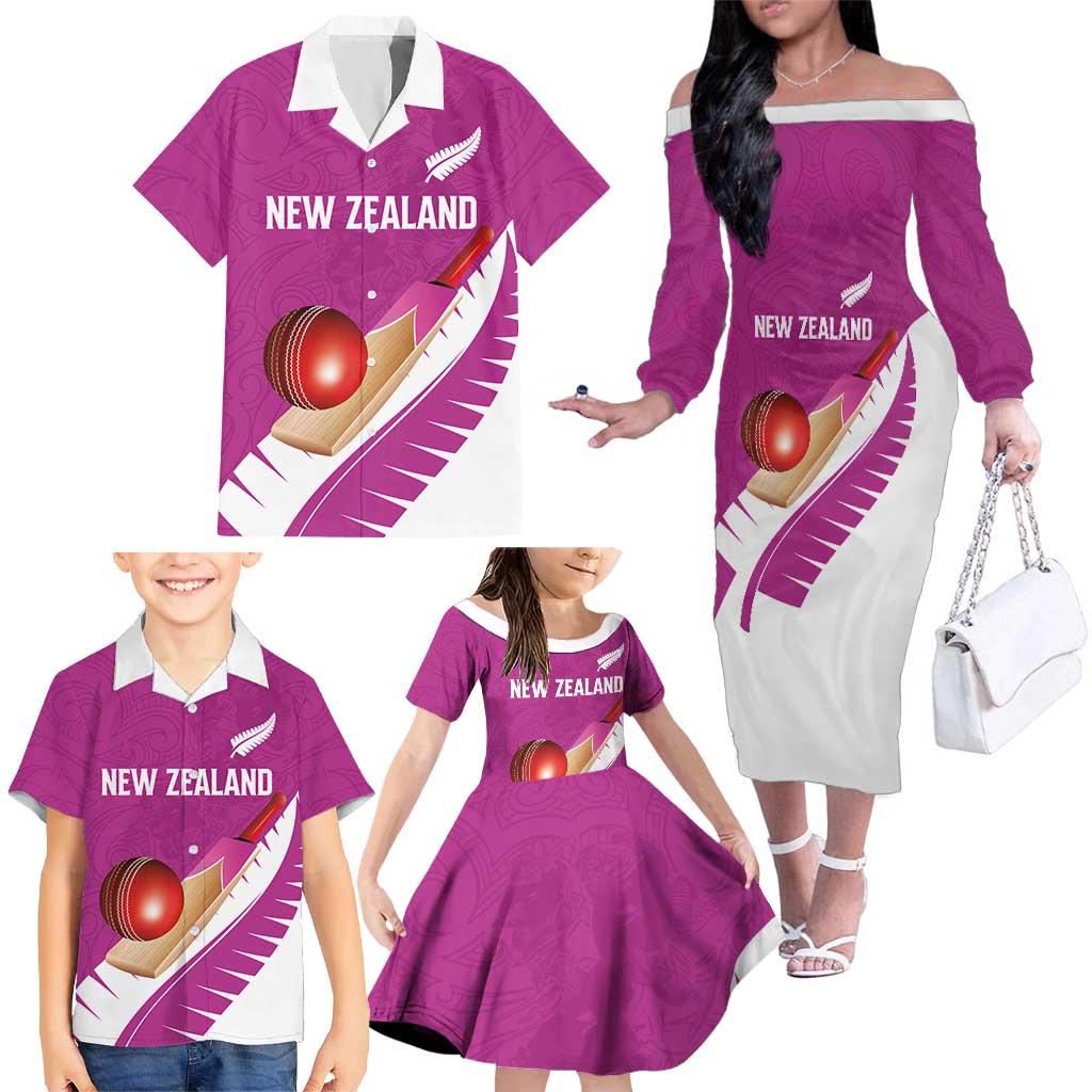Custom New Zealand Cricket Family Matching Off The Shoulder Long Sleeve Dress and Hawaiian Shirt Kiwi Birds Haka Dance Pink Fern Sporty Style LT03 - Polynesian Pride