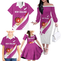 Custom New Zealand Cricket Family Matching Off The Shoulder Long Sleeve Dress and Hawaiian Shirt Kiwi Birds Haka Dance Pink Fern Sporty Style LT03 - Polynesian Pride