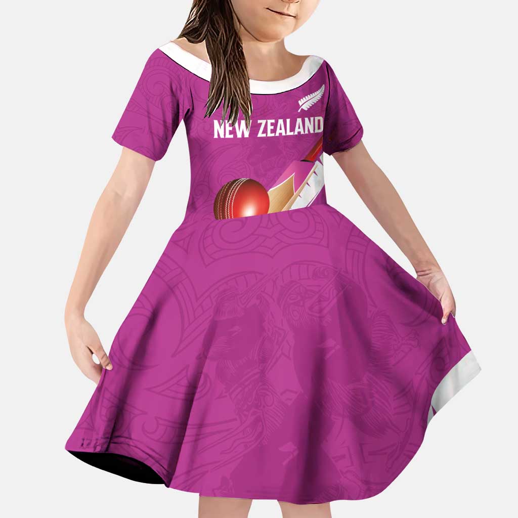 Custom New Zealand Cricket Family Matching Summer Maxi Dress and Hawaiian Shirt Kiwi Birds Haka Dance Pink Fern Sporty Style LT03 Daughter's Dress Pink - Polynesian Pride