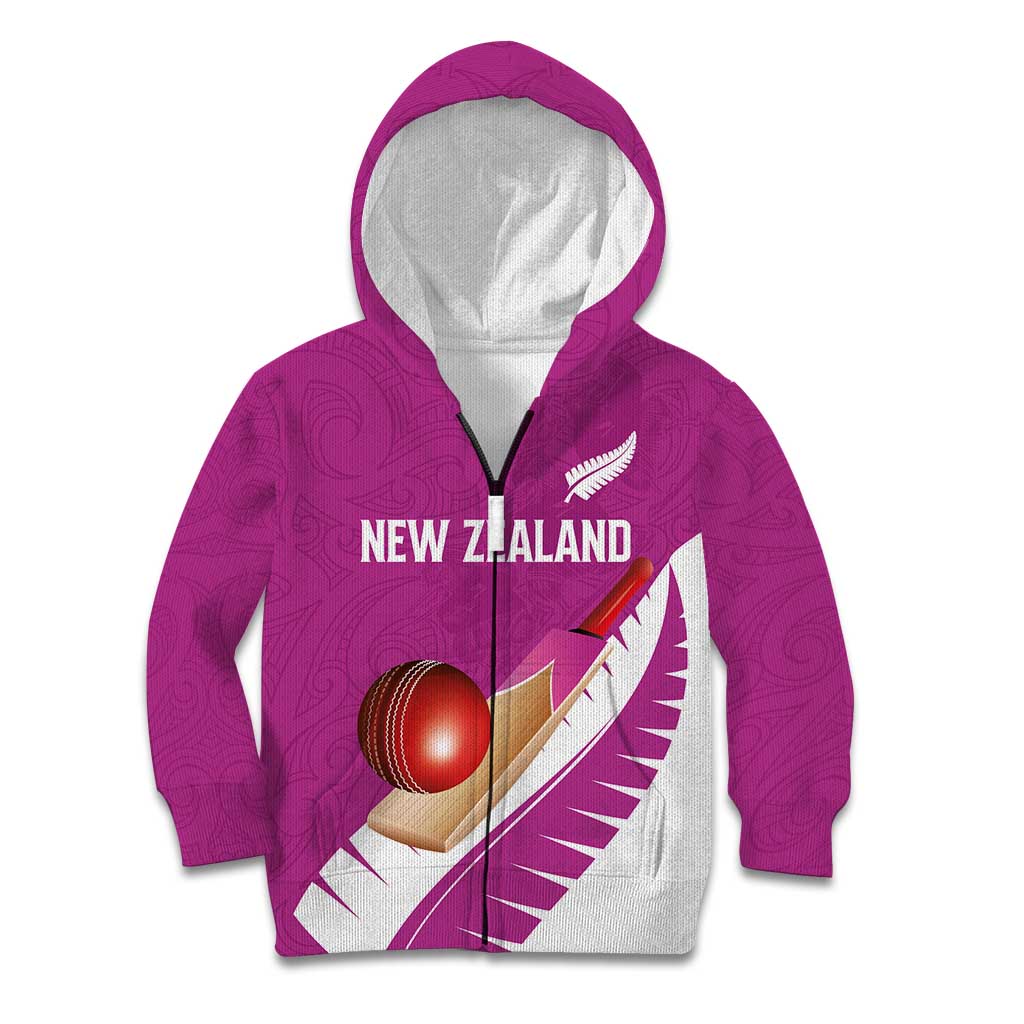 Custom New Zealand Cricket Kid Hoodie Kiwi Birds Haka Dance Pink Fern Sporty Style LT03 Zip Hoodie Pink - Polynesian Pride