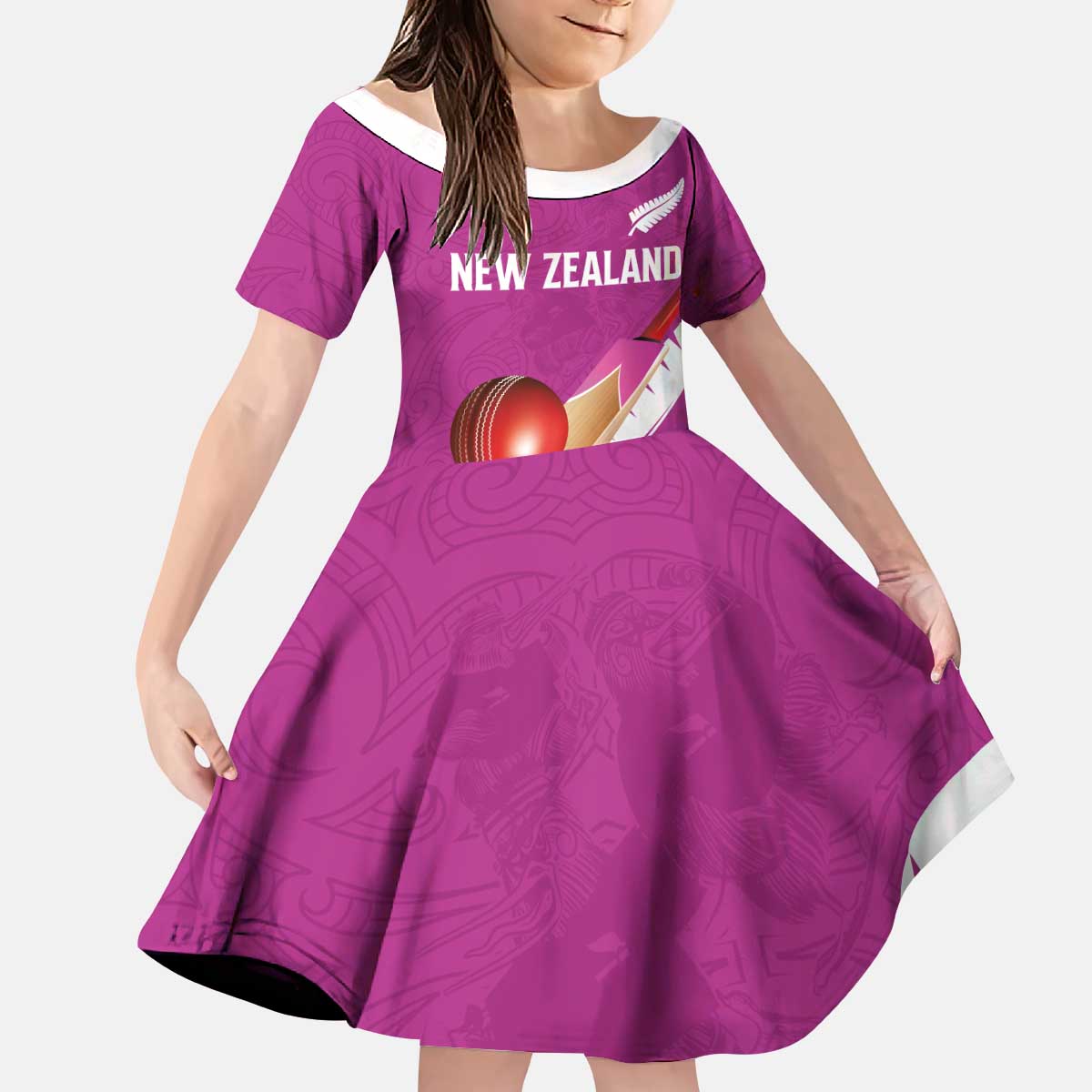 Custom New Zealand Cricket Kid Short Sleeve Dress Kiwi Birds Haka Dance Pink Fern Sporty Style LT03 KID Pink - Polynesian Pride