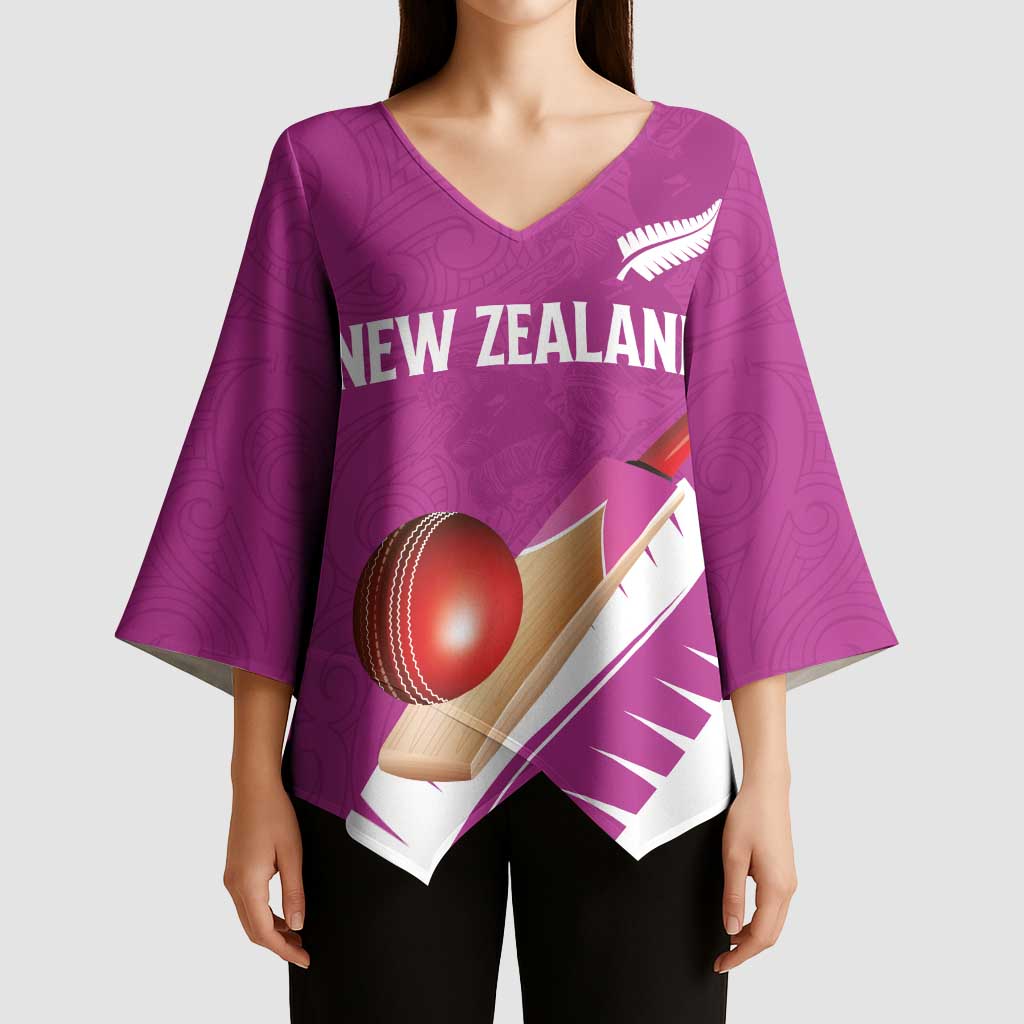 Custom New Zealand Cricket Kimono Sleeve Blouse Kiwi Birds Haka Dance Pink Fern Sporty Style LT03 - Polynesian Pride