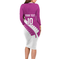 Custom New Zealand Cricket Long Sleeve Bodycon Dress Kiwi Birds Haka Dance Pink Fern Sporty Style LT03 - Polynesian Pride