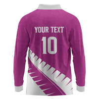 Custom New Zealand Cricket Long Sleeve Polo Shirt Kiwi Birds Haka Dance Pink Fern Sporty Style LT03 - Polynesian Pride