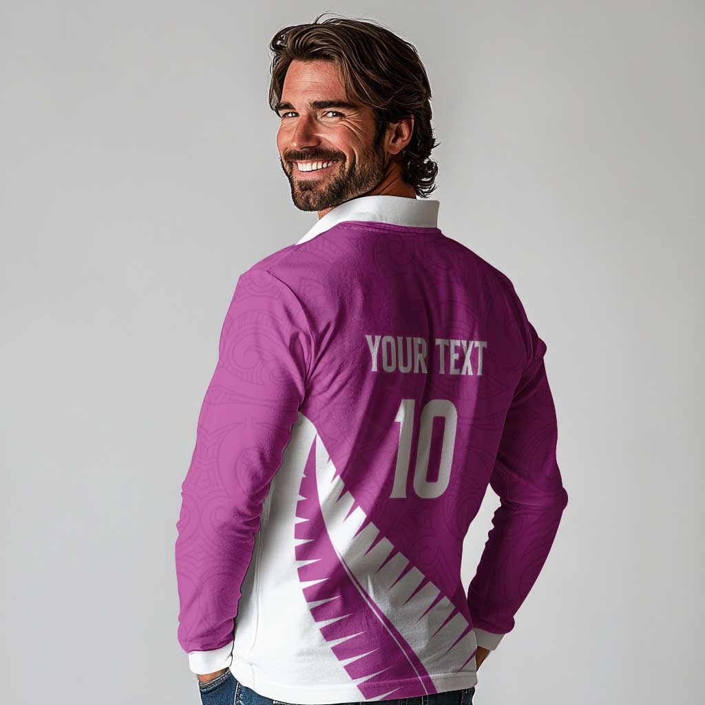 Custom New Zealand Cricket Long Sleeve Polo Shirt Kiwi Birds Haka Dance Pink Fern Sporty Style LT03 - Polynesian Pride