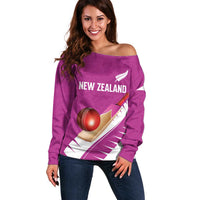 Custom New Zealand Cricket Off Shoulder Sweater Kiwi Birds Haka Dance Pink Fern Sporty Style LT03 Women Pink - Polynesian Pride