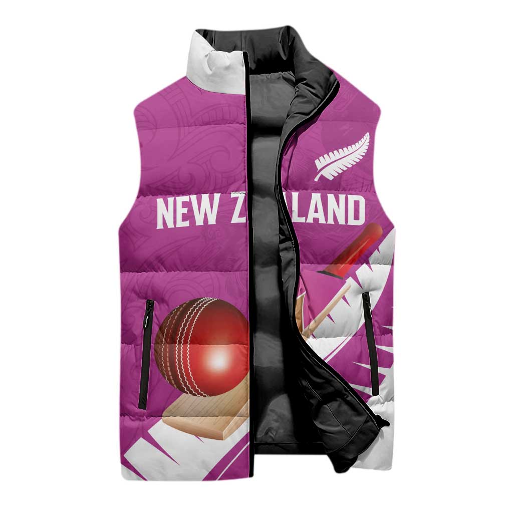Custom New Zealand Cricket Sleeveless Puffer Jacket Kiwi Birds Haka Dance Pink Fern Sporty Style LT03 - Polynesian Pride