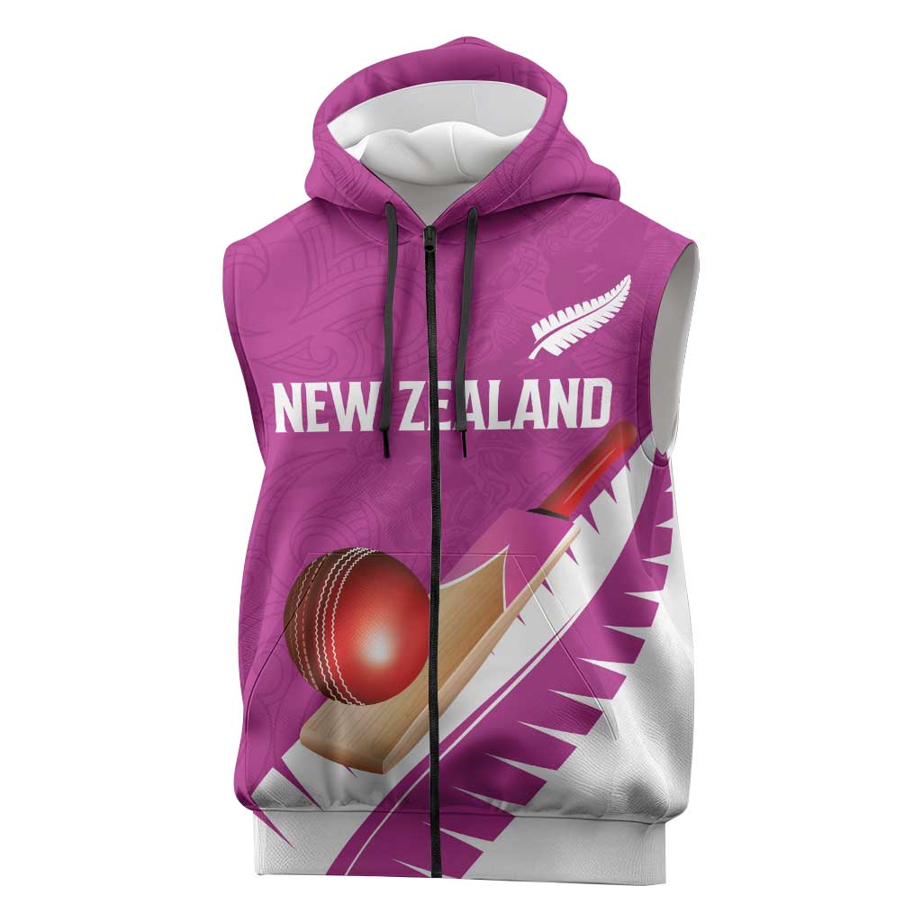 Custom New Zealand Cricket Sleeveless Zip Hoodie Kiwi Birds Haka Dance Pink Fern Sporty Style LT03 Pink - Polynesian Pride