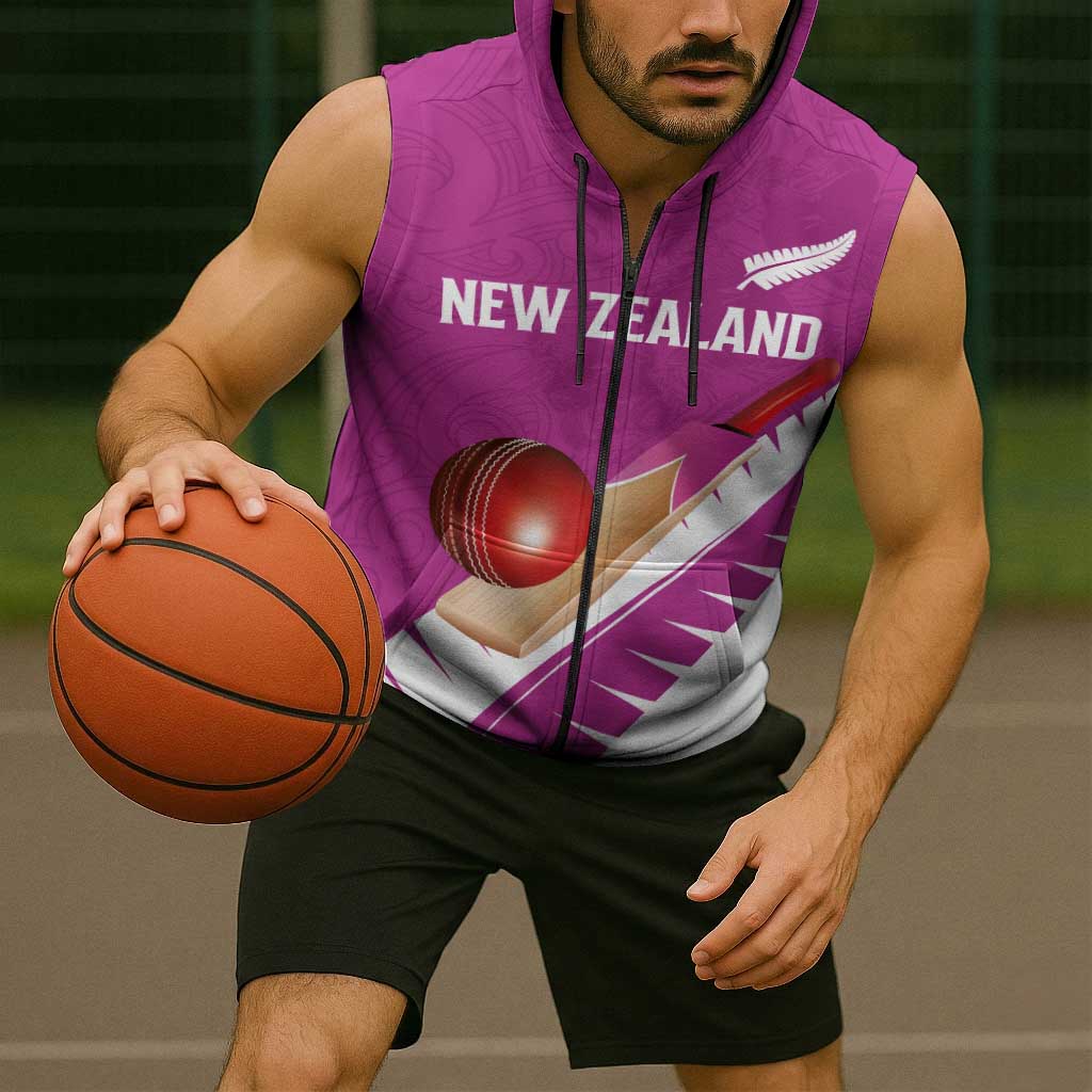 Custom New Zealand Cricket Sleeveless Zip Hoodie Kiwi Birds Haka Dance Pink Fern Sporty Style LT03 - Polynesian Pride