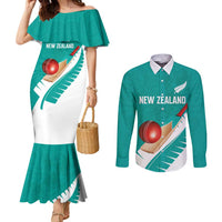 Custom New Zealand Cricket Couples Matching Mermaid Dress and Long Sleeve Button Shirt Kiwi Birds Haka Dance Turquoise Fern Sporty Style LT03 Turquoise - Polynesian Pride