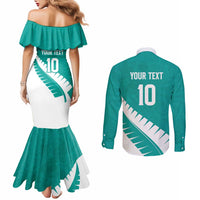 Custom New Zealand Cricket Couples Matching Mermaid Dress and Long Sleeve Button Shirt Kiwi Birds Haka Dance Turquoise Fern Sporty Style LT03 - Polynesian Pride